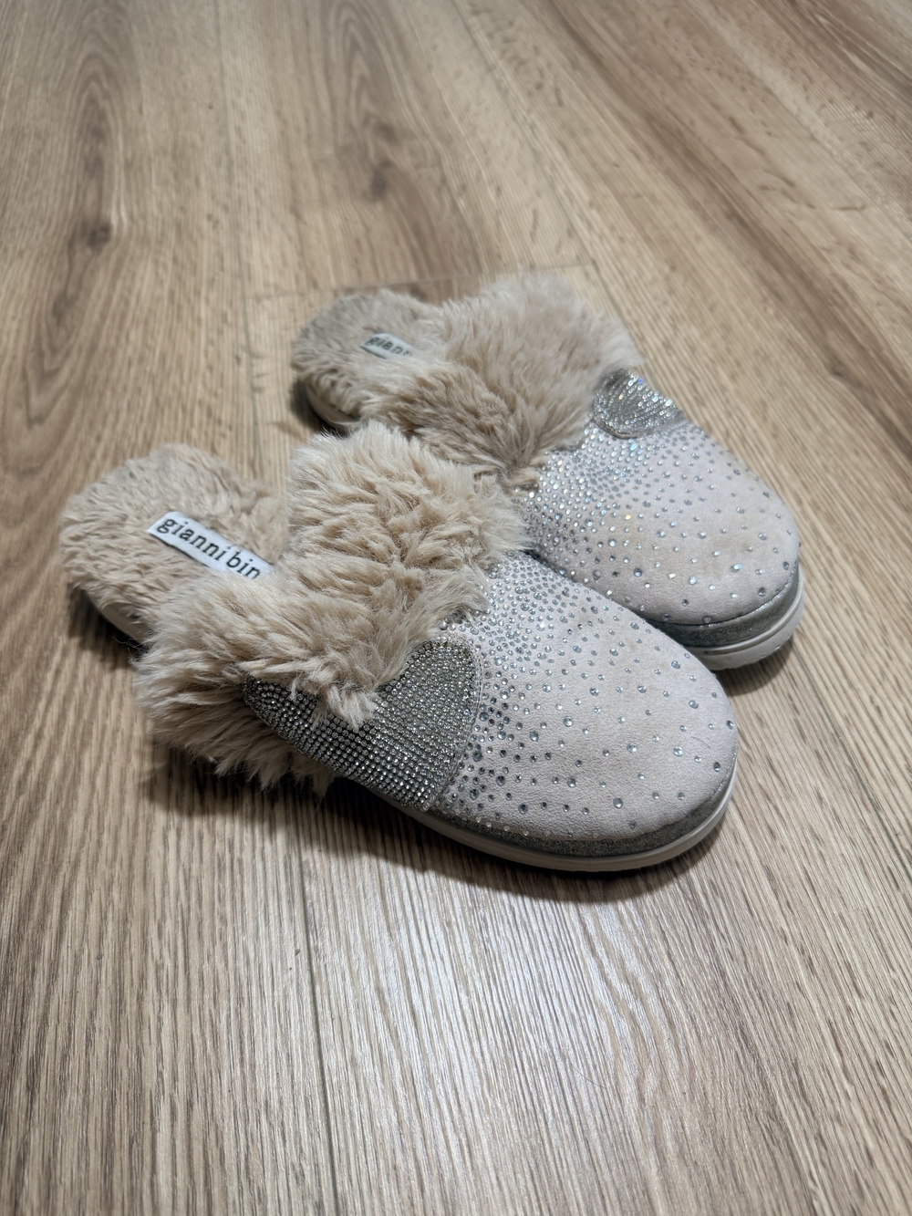 Gianni Bini Beige Faux Fur Crystal Heart Slip-On Mules
